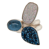 Sterling Silver Blue Topaz & Druzy Multi-Stone Adjustable Ring
